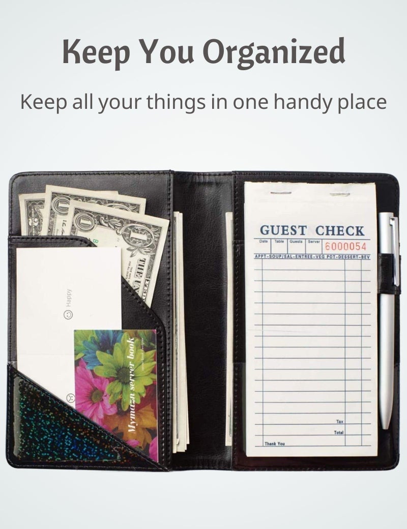 Mymazn Holographic Glitter Serving Book Waitress Wallet Waiter Book Organizer for Guest Check Book Restaurant Server Pad, Glitter Black - Image 4